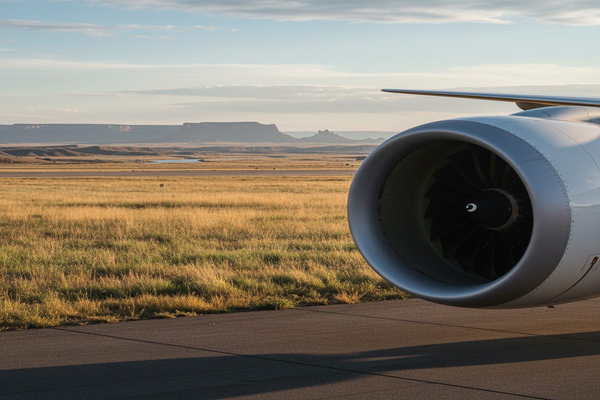 Close-up of aircraft jet engine on airport tarmac with Colorado prairie grassland stretching to the horizon