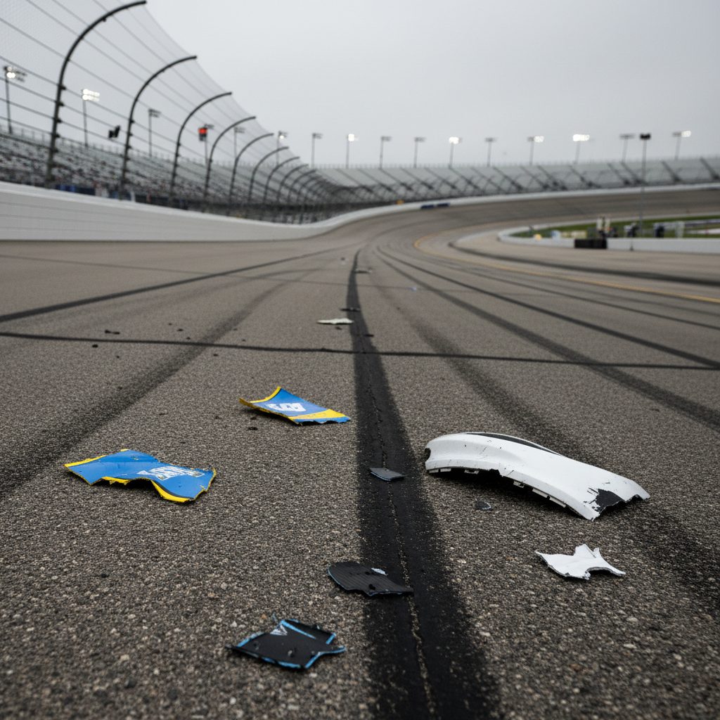 Split view comparing debris on a motorsport racetrack surface with FOD debris on an airport runway