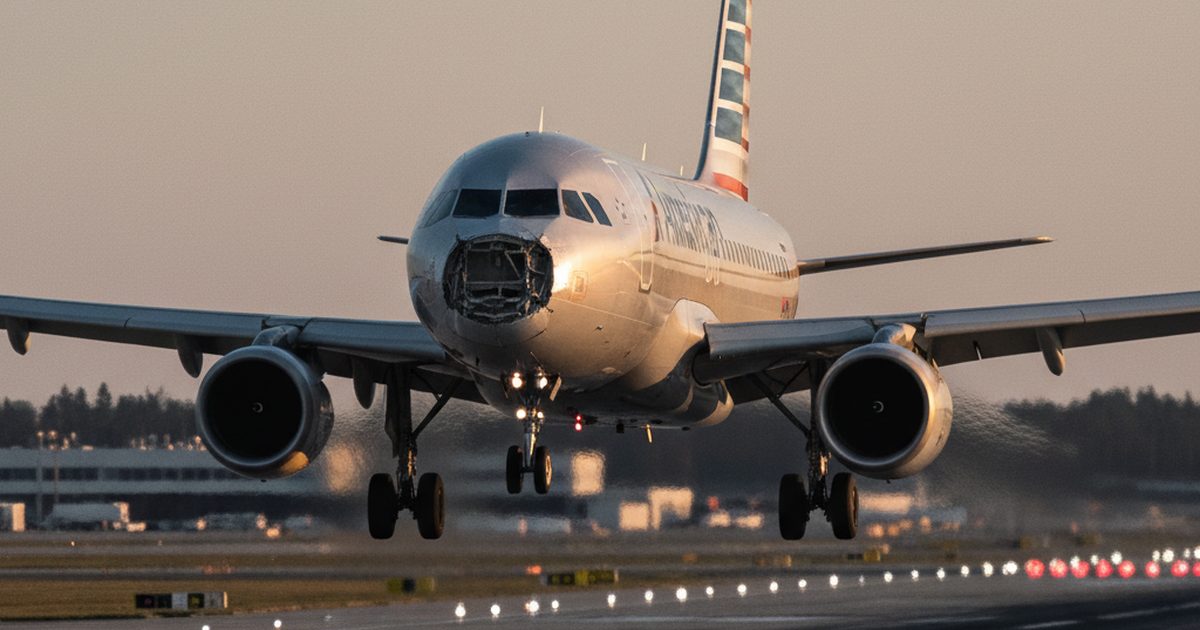 American Airlines A321 Takes Bird Strike on Final Approach, Radome Crushed at Impact