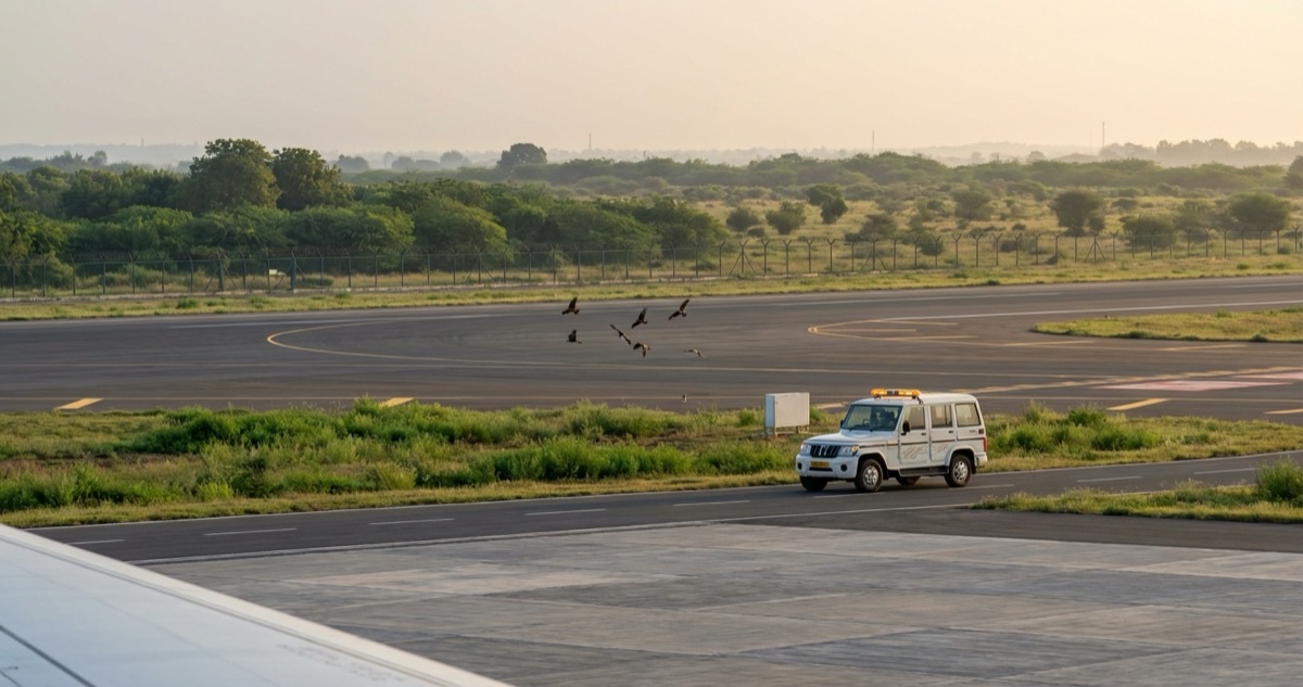 An airport patrol vehicle drives along a taxiway as dark birds fly low overhead near the runway perimeter at an Indian airport