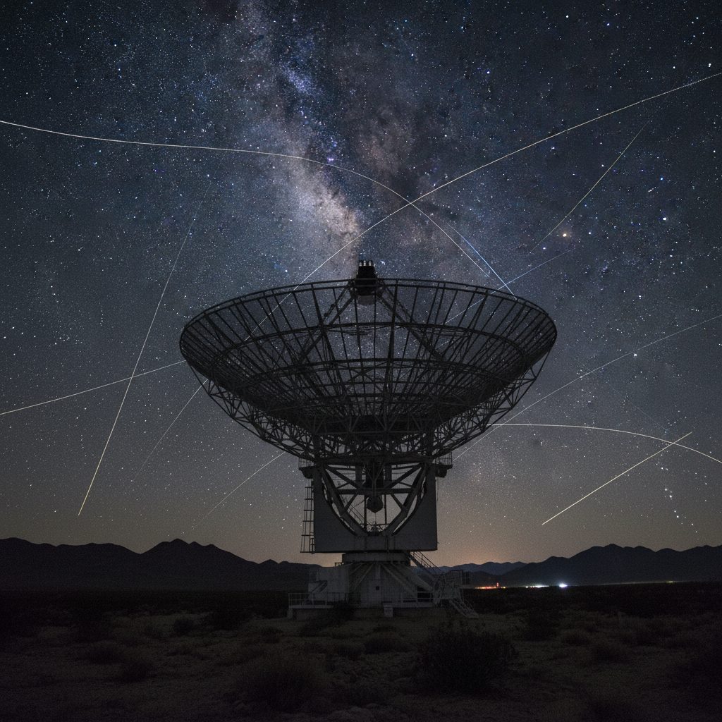 Space debris tracking radar dish pointing at night sky with satellite tracks overhead