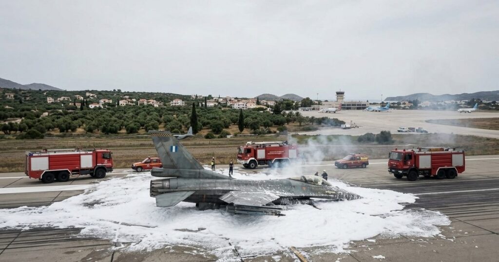 Hellenic Air Force F-16C Belly-Lands in Flames at Zakynthos After Engine Compressor and Hydraulic Double Failure — Civilian Airport Closed, Runway Decontamination Required
