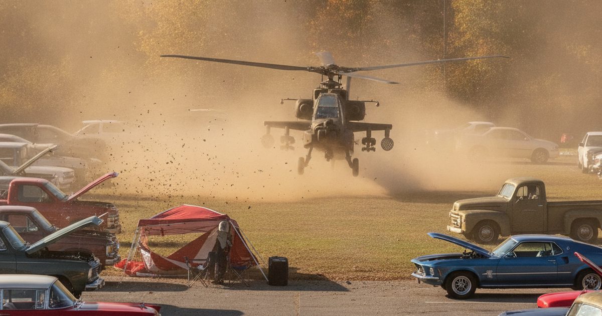 Army Apache Helicopter’s Rotor Wash Sandblasts Classic Car Show in Alabama